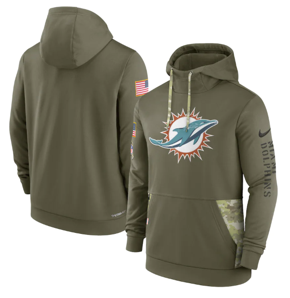 Men's Miami Dolphins 2022 Olive Salute to Service Therma Performance Pullover Hoodie